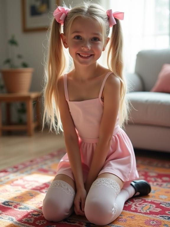 A girl kneels on a colorful rug in a softly lit living room. She has long blonde twin tails tied with pink bows. She wears a pink crop top and pale skirt, with thigh-high lace socks and black shoes. She is smiling and has a beautiful face.