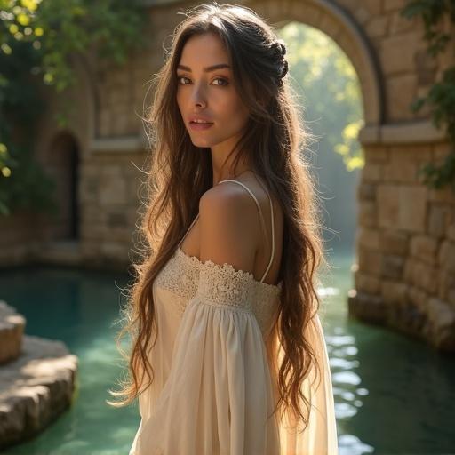 An elegant medieval fantasy woman with long braided brown hair and serene expression. Delicate features are visible. She wears a cream-colored flowing gown with intricate lace details and a subtle off-shoulder design. The setting features rustic architecture with a stone archway and a tranquil water feature. Dappled sunlight creates an ethereal glow and mystical atmosphere. Highly detailed with photorealistic elements and cinematic lighting.