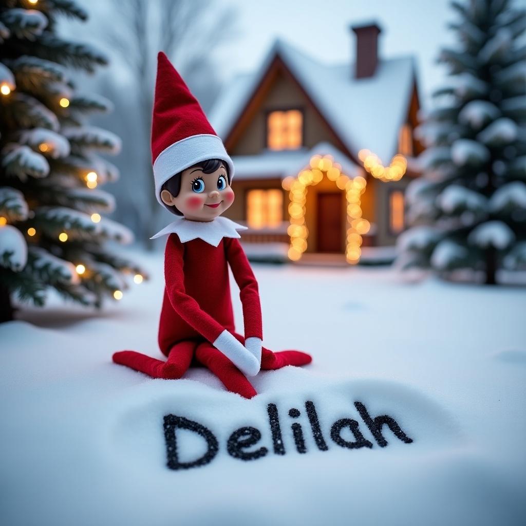 A festive Elf on the Shelf character outside in a snow-covered landscape. The elf is dressed in red and white, writing the name 'Delilah' in the snow. A charming house with warm lights is in the background. Snowy Christmas trees surround the scene, evoking a holiday spirit.