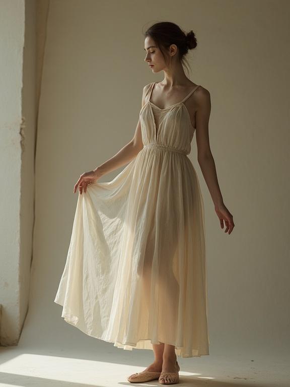 Portrait of a prima ballerina dressed in bohemian minimalist style. The dancer is posing gracefully against a soft, neutral background wearing a flowing cream dress. Natural light enhances the ethereal quality of the scene.
