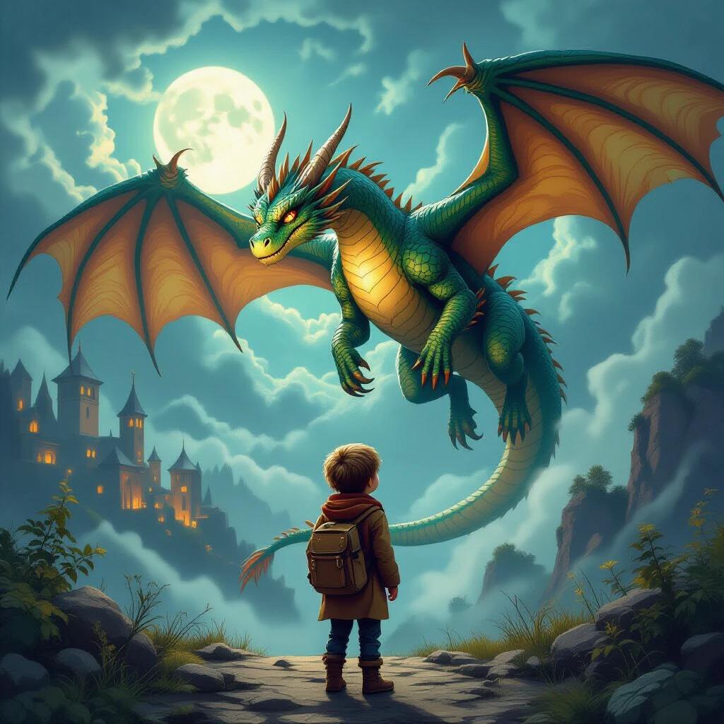 Image of a boy standing in front of a large dragon under a full moon. The dragon has no wings and is a bright green color. The background features a mystical landscape with a castle. The scene evokes wonder.