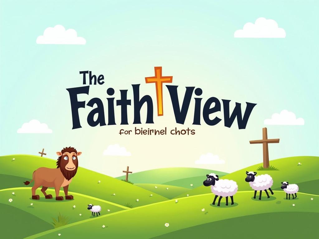 Create a logo for a YouTube channel titled 'The Faith View.' The logo should feature a cheerful cartoon illustration that captures the essence of ancient biblical times. Include a playful design with the text prominently displayed. Integrate a few cartoon characters inspired by biblical stories, adding a vibrant and welcoming feel. Incorporate elements like green hills and sheep in the background to enhance the pastoral theme. The artwork should be bright, colorful, and engaging to attract viewers to the channel.