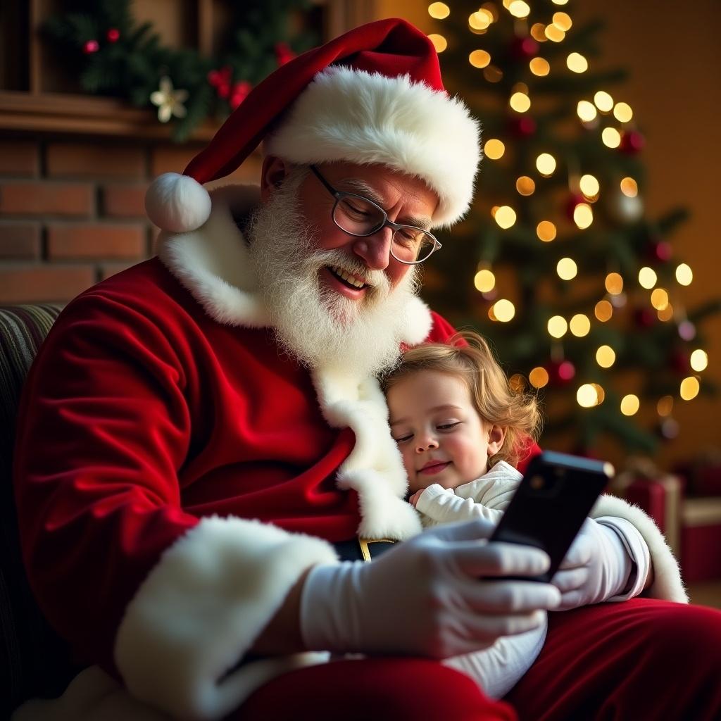 Santa Claus taking a selfie with a sleeping child in a festive setting. Scene includes Christmas decorations and a fireplace. Warm atmosphere full of joy and holiday cheer.