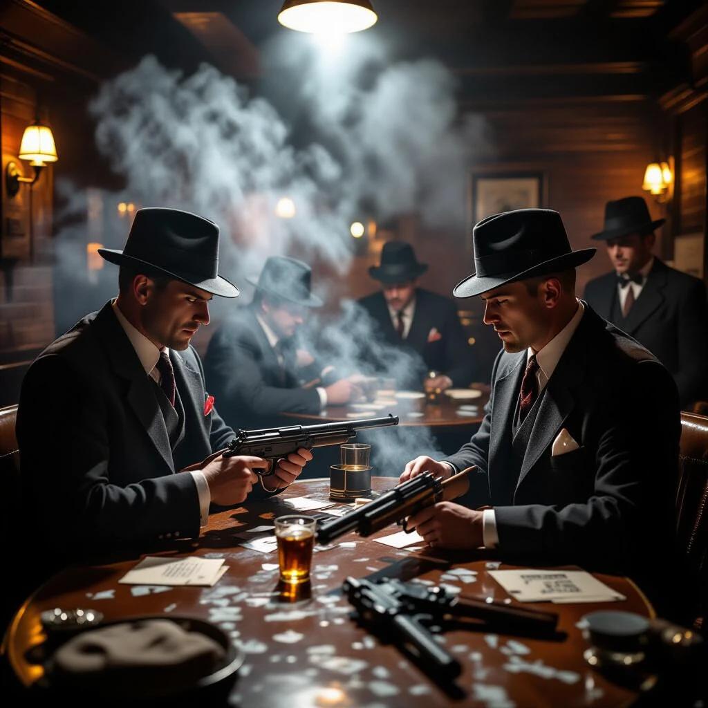 A vintage speakeasy scene. Mobsters assemble Tommy guns. The atmosphere is smoky. Music plays from the club above. Highly detailed and realistic portrayal.