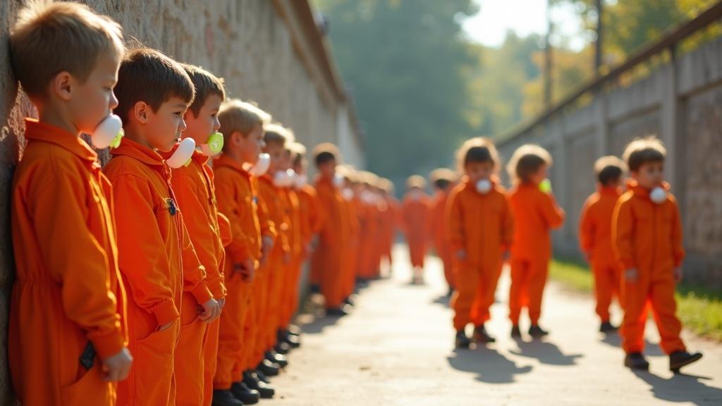 Bright school playground. Ten-year-old children in orange jumpsuits stand in a row by a wall. They hold oversized pacifiers. Teachers dressed as 'fire squad' aim toy rifles at children. Children playfully look down. Another group of children lies in a pile pretending to be dead. Light-hearted atmosphere with exaggerated props and fun interactions.