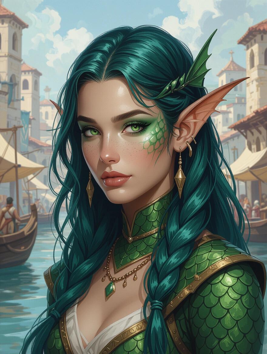 Illustration of a young Triton female character with sharp finned ears and fish-scaled skin. The character wears ancient Therosian clothing. She has long green-blue hair styled back. The background features a bustling port city with boats and ancient architecture.
