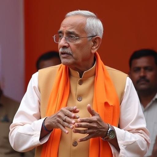 Man with gray hair and spectacles in orange vest speaks to crowd. Background features people listening. Focus on leader gesturing with hands.