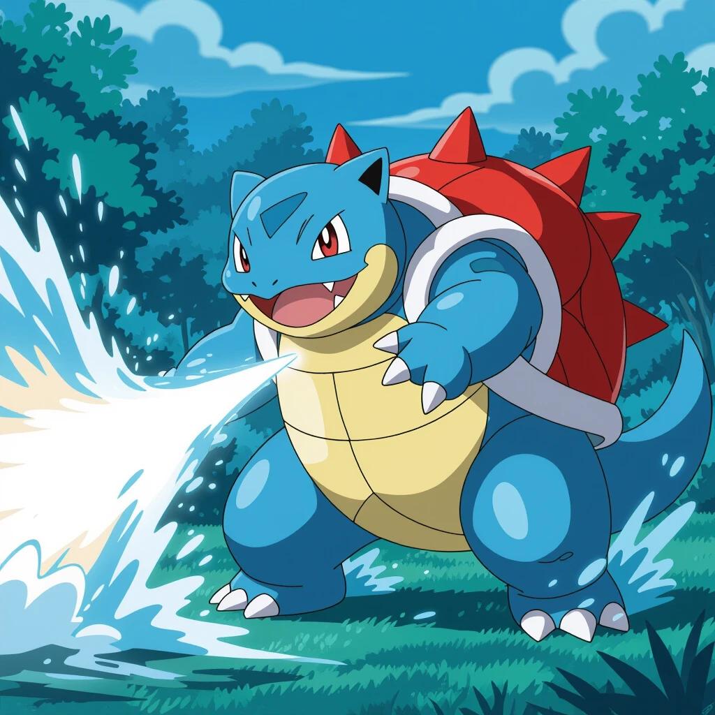 Wallpaper featuring Pokemon Blastoise using its Hydro Pump attack. Scene set in a green forest with dynamic water effects. Blastoise stands confidently, ready to deliver its signature move.