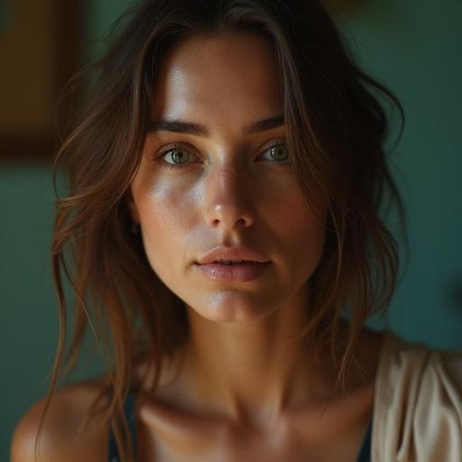 A cinematic portrait of a beautiful woman. Soft, natural lighting highlights her features. Close-up shot emphasizes her expressive eyes and smooth skin. The background is muted and softly blurred.