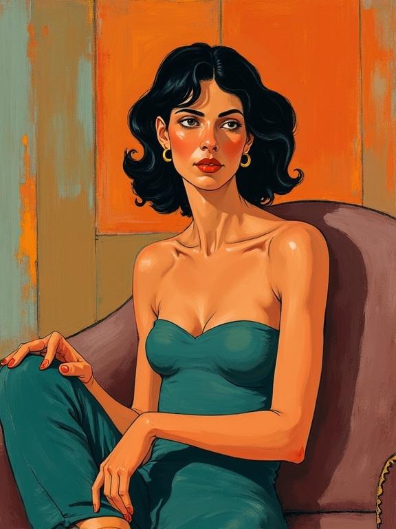 Illustration of a woman in contemplation with art inspiration. She sits in a chair with a thoughtful expression. The style is bold and colorful with a focus on her features and outfit.