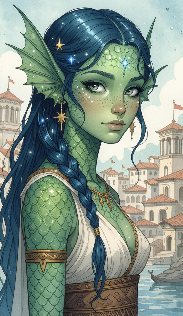 Dark style fantasy illustration features a Triton female. Small finned-fish ears. Green-blue scaled skin. Background includes Ancient-Grecian port city. Dressed in ancient Greek clothing. Long blue-green slicked back hair. Connected to stars. Youthful appearance with scales on cheeks neck and forehead. Full body green skin. Amphibian features. Fish eyes.