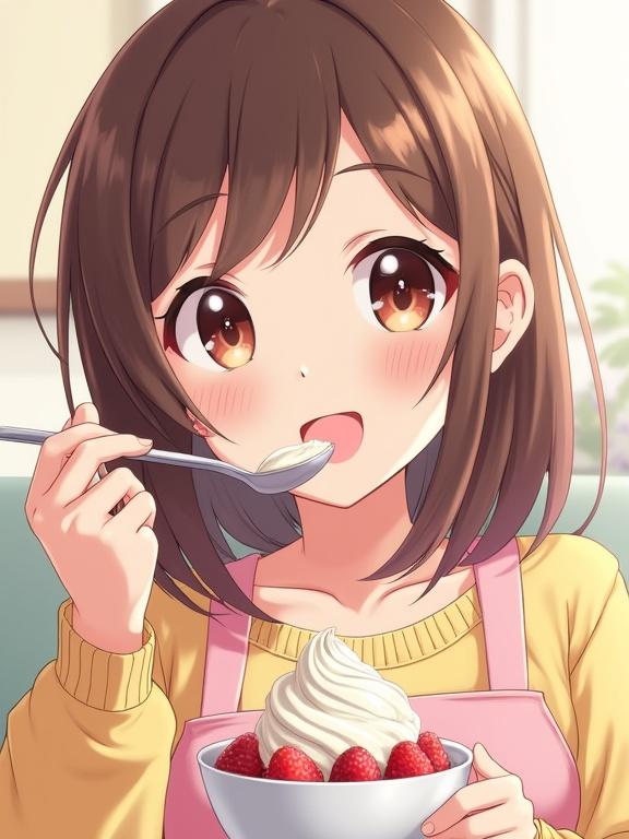Anime-style illustration of a girl with a happy expression holding a spoon with pudding. She has medium-length hair, blush on her cheeks, wearing a casual spring outfit. Background is softly blurred creating a warm atmosphere.