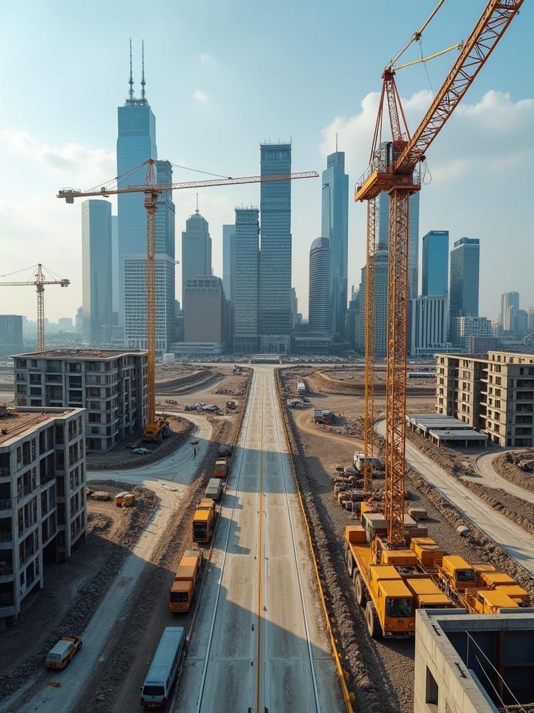 A construction site with cranes and skyscrapers. An urban skyline is visible in the background. Construction vehicles are on the road. The construction company MAG UNIFIED is prominently featured. The area is undergoing significant development.