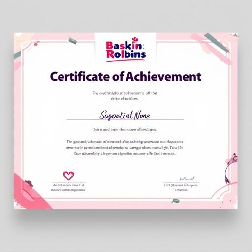 Certificate of Achievement design featuring Baskin-Robbins logo. Bold title with space for recipient's name. Short achievement description included. Spaces for date and signature. Modern color palette, balanced layout, suitable for digital and print.