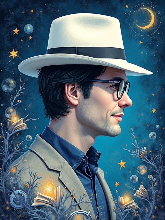 Stylized illustration of a fictional thirty years old author with a soft smile. Man wears a white fedora hat and glasses. Silhouette surrounded by swirling elements symbolizing science fiction and fantasy. Features stars, floating books, clock gears, cosmic energy, and ancient runes. Painterly and expressive style with organic and futuristic motifs. Deep blues, silver, white, and golden highlights create a magical atmosphere.
