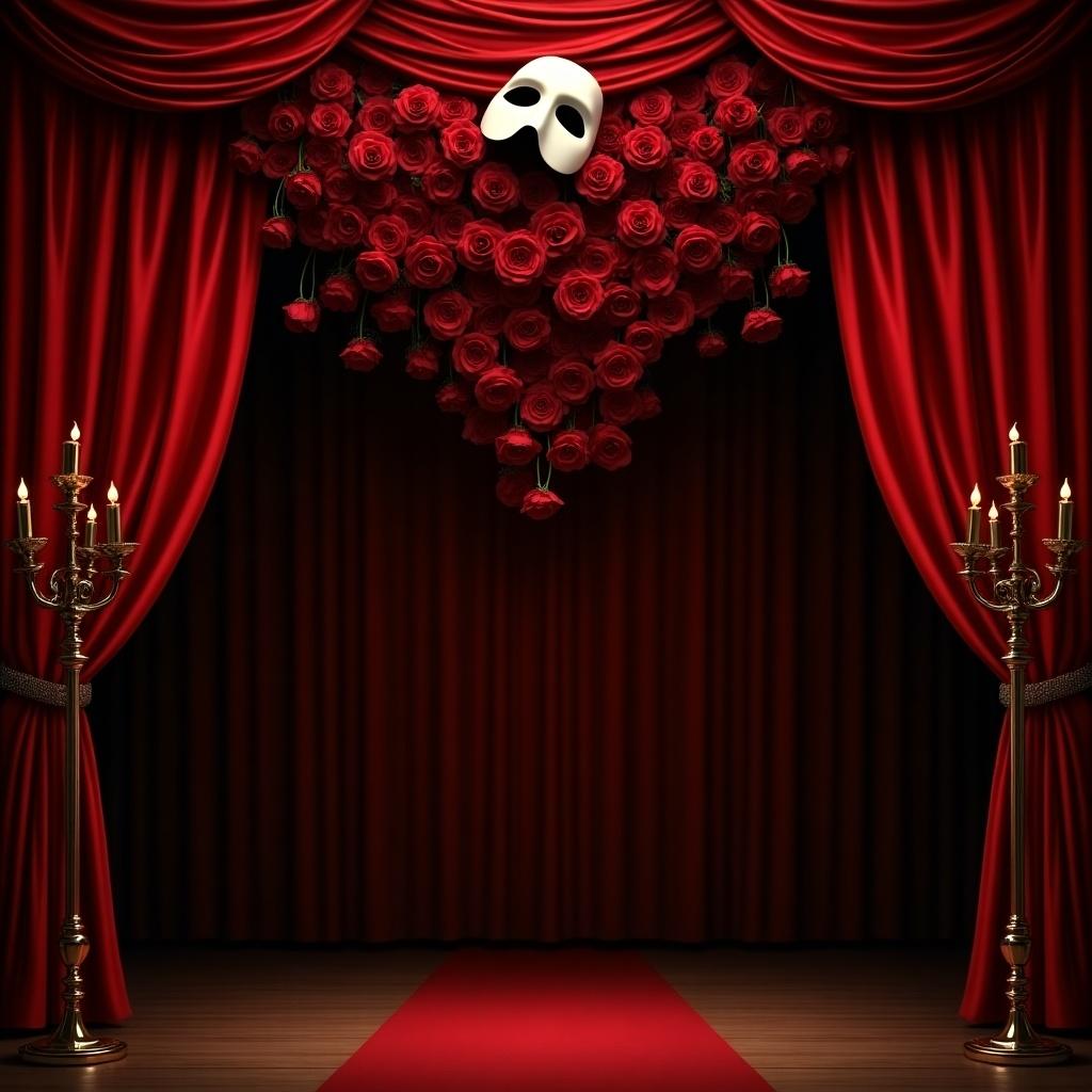 Image depicts theater stage set inspired by Phantom of the Opera. Red velvet curtains frame the stage. Above, a white mask is surrounded by red roses. Two ornate candelabras on each side create a dramatic setting. Dark brown backdrop contrasts red and gold details. Ideal for romantic and mysterious events.