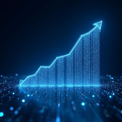 Graph symbolizing digital growth with a high-tech aesthetic. The graph is composed of shimmering blue points representing data trends. Background features glowing elements enhancing the digital look.