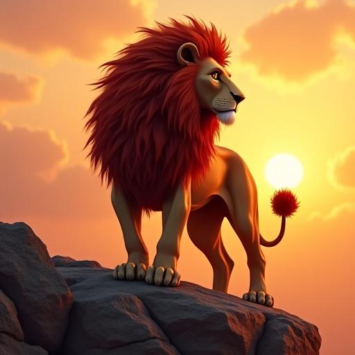 A majestic lion with a flowing red mane. The lion stands proudly on a rocky outcrop. The scene is set at sunrise with warm colors in the sky.