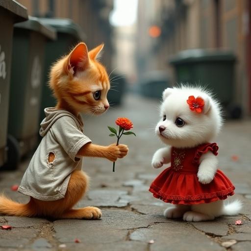 Skinny orange cat kneeling in dirty alley wearing torn t-shirt holding flower proposing to fluffy white puppy in red dress