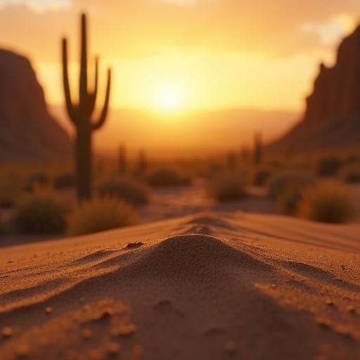 Extreme close-up of a weathered grain of sand in shallow focus. Blurred desert landscape beyond. Warm sunset glow. Camera moves slowly forward revealing a towering saguaro cactus and textured rock formations. Epic scale with atmospheric depth and cinematic realism.
