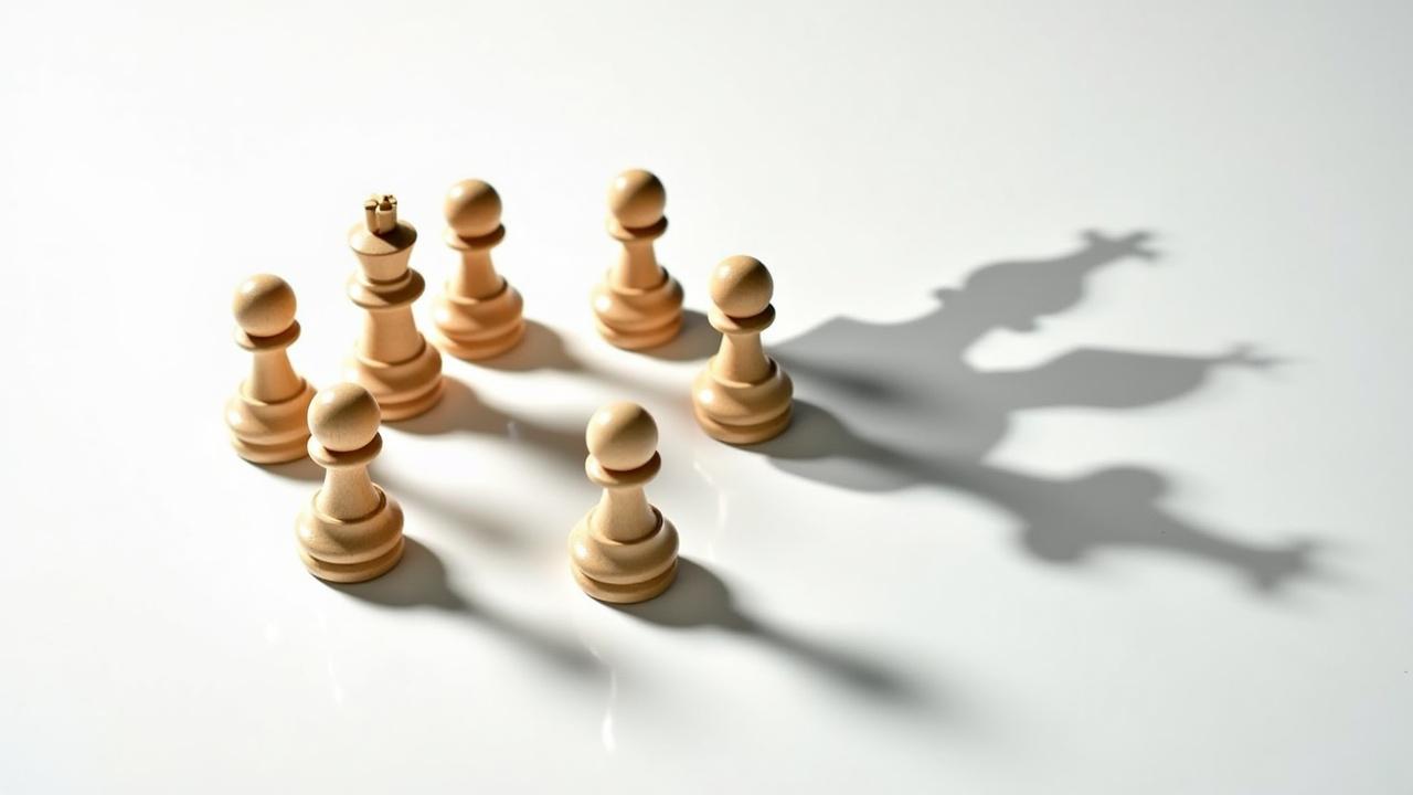 Group of eight wooden chess pawns arranged in a circle on a white surface. Shadows of the pawns combine to form a king chess crown shape. Light creates long, clear shadows on the right, creating a dramatic effect. Image symbolizes the potential of every pawn to become a king.