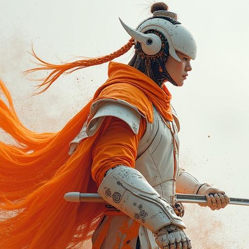 Elite warrior-poets inspired by Silla Dynasty in battle stance as cybernetic guardians of culture in AI era. Characters look visually striking with powerful and poetic presence. Fusion of colors and textures symbolize Korean identity evolution in post-human future.
