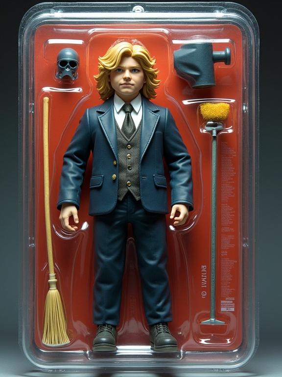Action figure-style doll of JD Vance dressed in servant attire. Doll is inside a transparent blister pack. Accessories include broom, sponge, and megaphone. Professional lighting creates a polished look. Background resembles toy packaging.