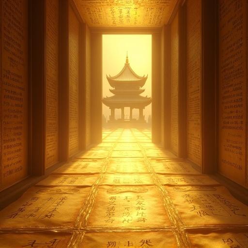 Digital illustration depicting a winding golden corridor resembling an ancient library or temple. Corridor walls adorned with glowing golden calligraphy. Floor covered with curled golden papers. Warm light illuminating the scene, leading to a traditional Asian-style pavilion in the distance. Color palette dominated by gold and brown. Highly detailed and realistic style.