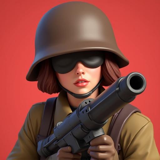 Steam avatar depicting a girl in Team Fortress 2 style. Soldier class representation. Oversized brown WWII helmet covering her eyes. Holding a Soviet RPG-7 rocket launcher. 50s aesthetic throughout the art style.