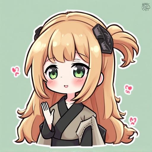Create an image of an anime girl in chibi style. Character has long blonde hair and green eyes. She is waving and smiling. Background is light green with cute accents.