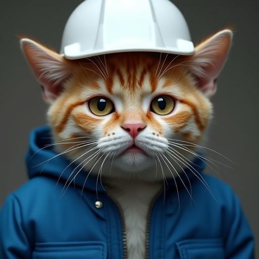 A semi-realistic cat with teary eyes, lower lip quivering, emotional expression. Cat wearing a white hard hat and blue work jacket.