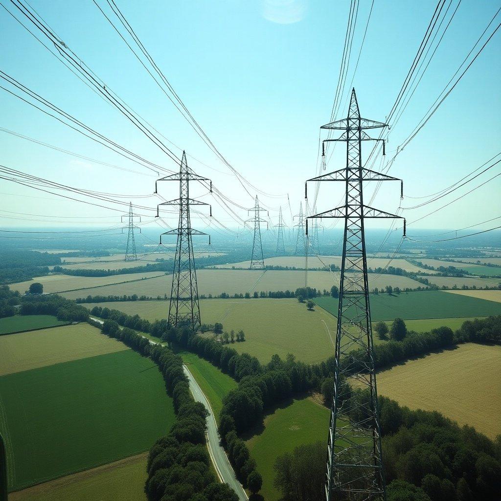 Aerial photo of power lines creating a network across agricultural countryside. Clear skies with bright daylight. Landscape features green fields and a winding road.