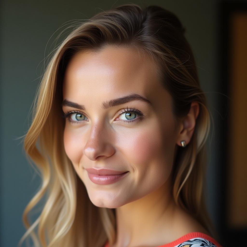 Woman has hairline positioned 5.5 cm above the eyebrows. Hair is styled in soft waves. Natural lighting highlights the hair. Background is neutral without distractions.