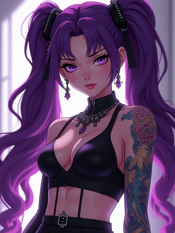 Anime character portrayed as a young woman with striking features and a unique fashion style. She stands in a luxurious modern dojo. Her hair is amethyst purple with oversized pigtails. The outfit is edgy and tailored for martial arts. The focus is on her detailed tattoos and accessories. The environment features futuristic elements.