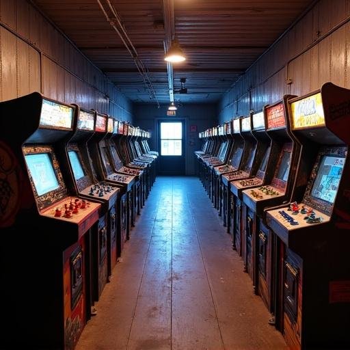 A large dusty arcade hall with wooden floors filled with 40 arcade machine cabinets. 20 machines are on the left and 20 machines on the right side. The hall is dim-lit and gives a nostalgic feeling of the 1990s arcade scene. The image suggests a vibrant atmosphere of competitive arcade fighting games. An exit door is at the front.