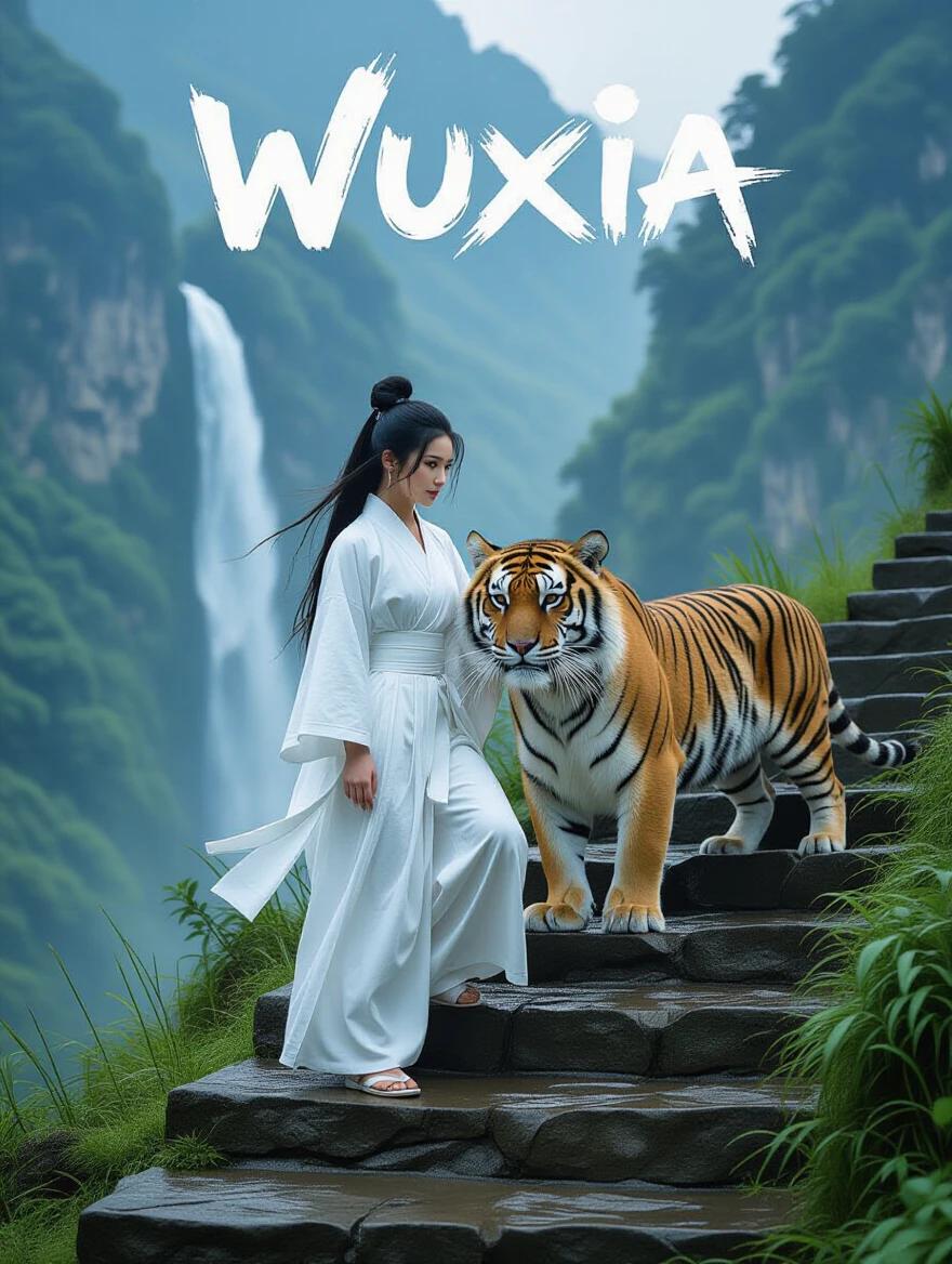 Wuxia title at the top. Woman in traditional white clothes stands on stairs with a tiger beside her. Background features a mountain and a waterfall. Image resembles a dramatic 80s action movie poster.