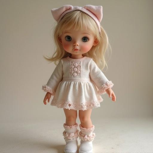 Full body display of a tiny adorable slim doll. Doll wears a frilly dress with decorative buttons. Doll accessorized with baby doll socks and a headband. Background is simple and muted to emphasize the doll's details.