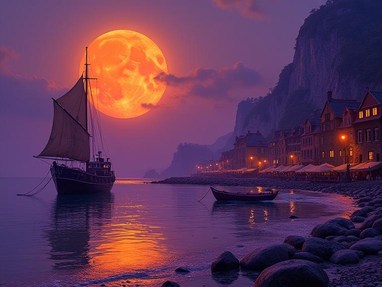 Vaporwave aesthetics with orange and purple hues shows a large moon above a fishing town. A fishing boat is in a calm harbor. The scenery includes intricate details and ambient lighting. Inspired by artists Caras Ionut and Brian Froud.