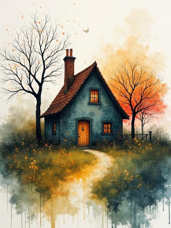 An English cottage surrounded by nature. A winding path leads up to the cottage. The scene highlights autumn elements like orange leaves and faded trees. Soft lighting sets a peaceful mood. Captivating mix of chaotic beauty.