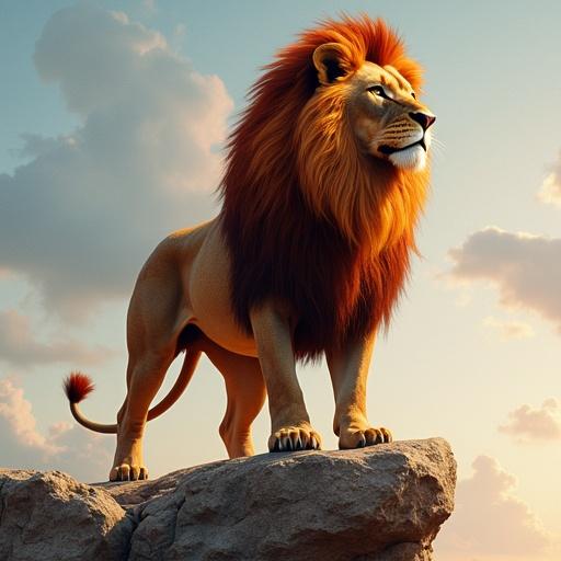 Majestic lion with red mane stands on rocky outcrop in nature