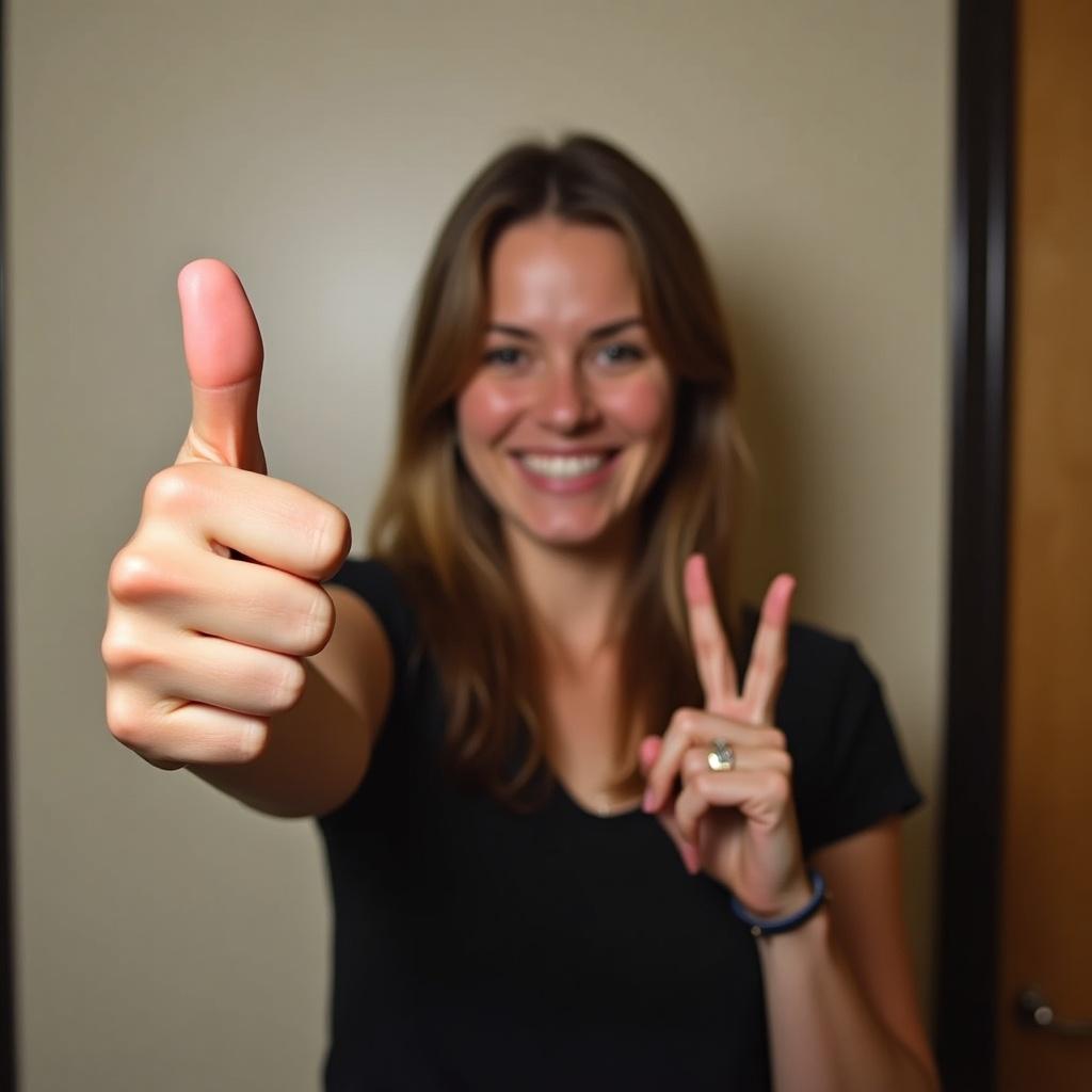 Selfie image showcasing positivity with a thumbs up gesture. The person is smiling and giving a gesture of approval.