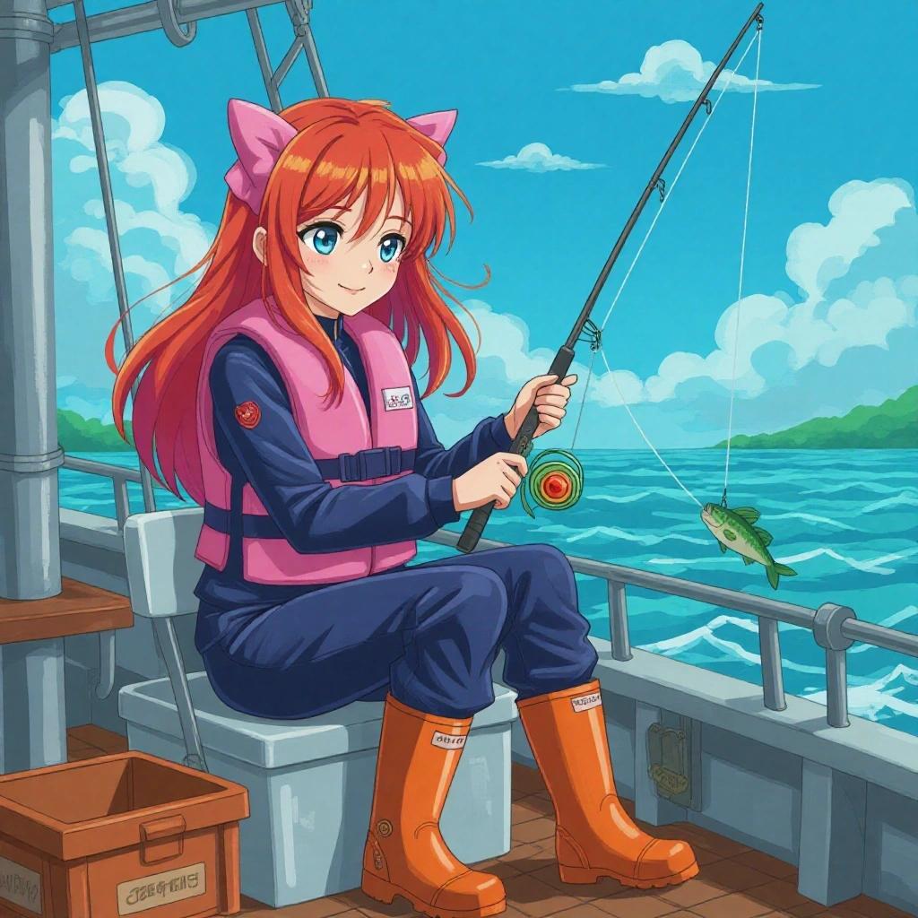 A human girl with red hair and a pink bow. On a fishing boat engaged in fishing. She's wearing a pink life jacket and navy-blue track pants. Orange wellington boots visible as she sits holding a fishing rod. A fish is caught at the end of the line.