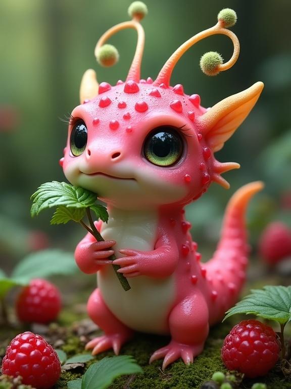 Character description of a Raspberry Forest Hatchling. A small creature with pink and rosy-red skin, creamy white underbelly, and large glossy black eyes. Covered in bumpy nodules resembling raspberries. Short limbs, a vibrant tail, and fuzzy green antennae. Clutching a green leaf in a lush forest environment full of raspberries and moss. Appears squishy and charming with a playful, curious personality.