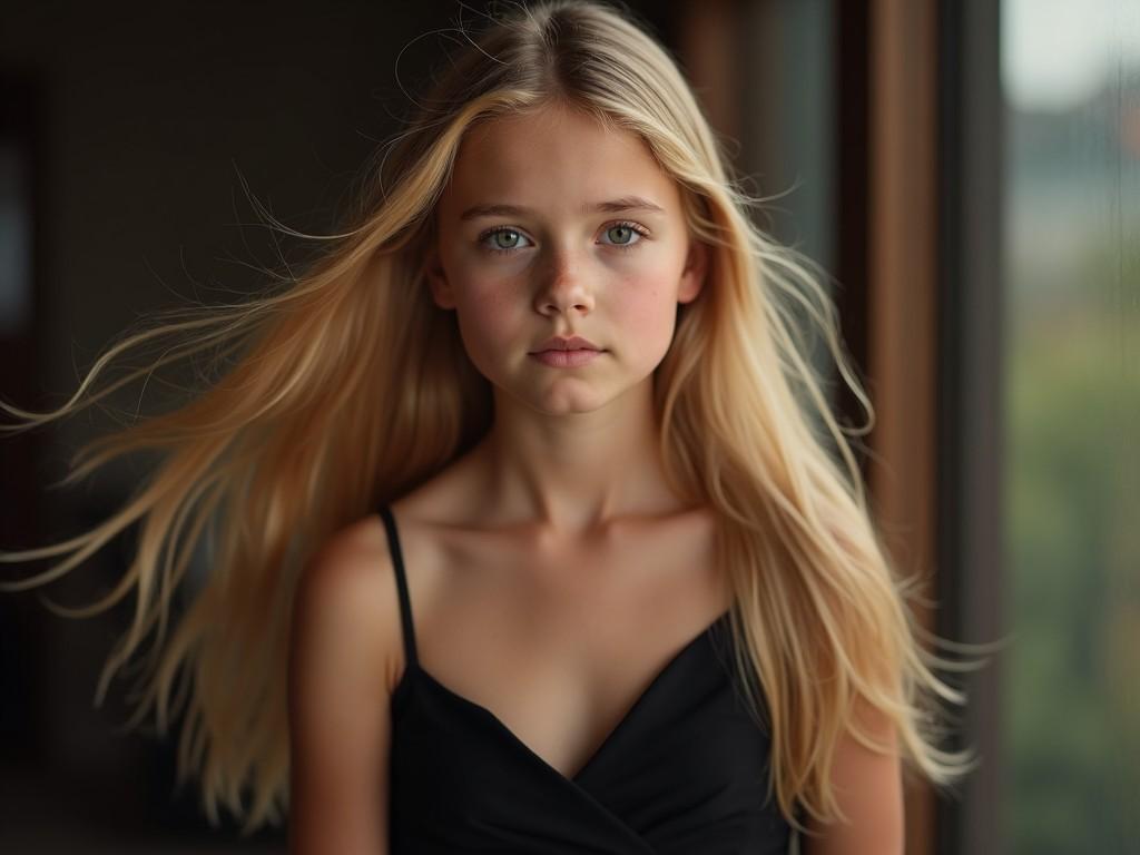 A striking image of a girl with long, flowing blonde hair. She displays a confident and poised expression. Her features are illuminated by soft, ambient lighting, creating a sophisticated mood. The girl is wearing a stylish black dress. The focus is on her face and shoulders, emphasizing her natural beauty.