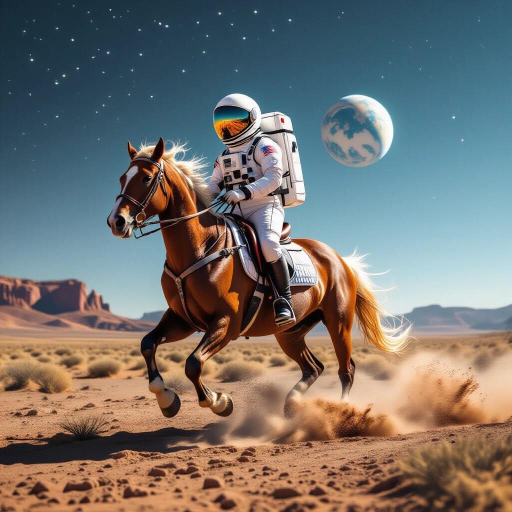 A horse with an astronaut rides through a sandy landscape under a starry sky. The astronaut wears a space suit and helmet. The background features distant mountains and a large planet.