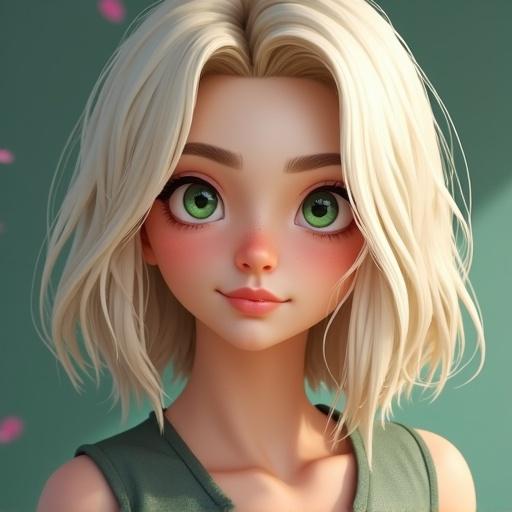 A young blonde female character with green eyes is depicted. Focus on stylish short hair. The character expresses youthfulness and vibrancy. Use pastel colors for a fresh look. Create an appealing avatar for a wide audience.