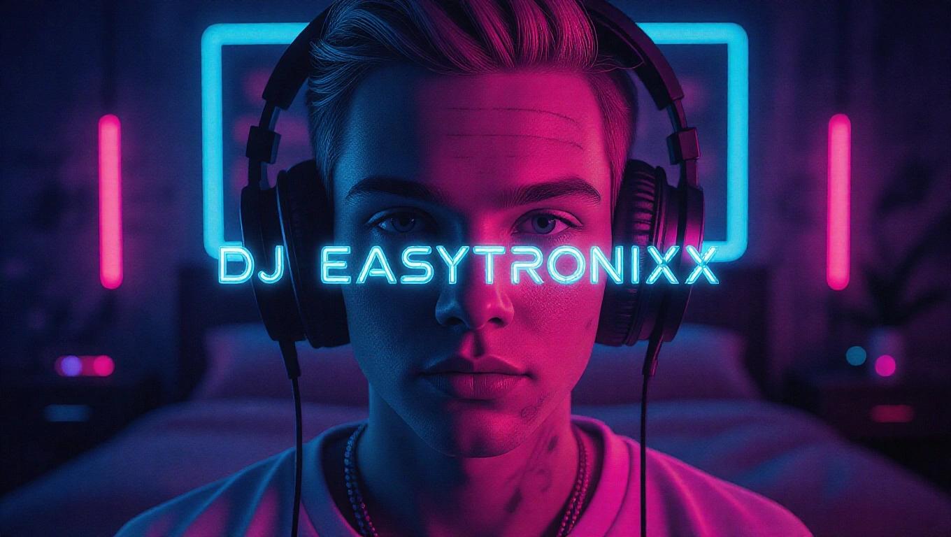 Close-up view of a dark neon bedroom. Artistic RGB theme. Features young male with headphones. Text reads DJ Easytronixx and Paradox in futuristic style.