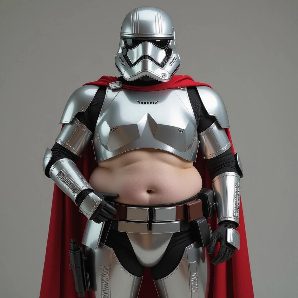 Fat Captain Phasma from Star Wars in skimpy armor. Chubby figure with only metal pads strapped. Full body pose. Stoic expression.