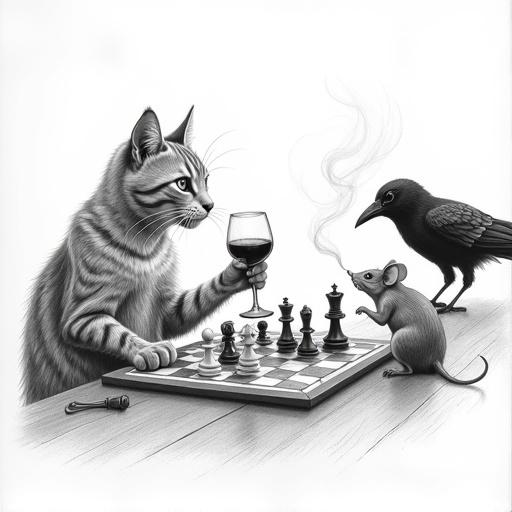 Black and white pencil sketch featuring a cat engaged in a chess game with a mouse. Cat enjoys a glass of wine while mouse smokes a cigarette. A crow observes the game in the background.