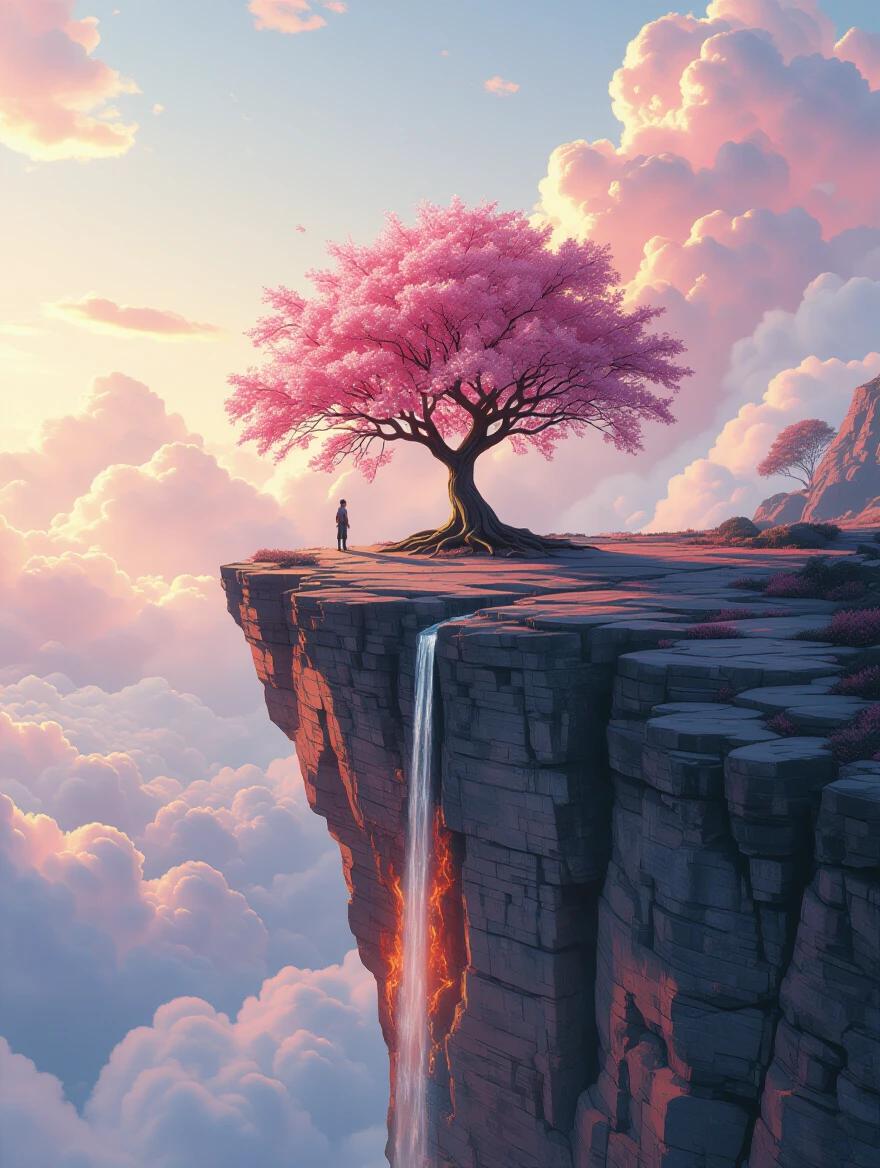 A pink tree on a cliff edge with a waterfall flowing. Vivid clouds in the background. Art style resembles digital fantasy. Highly detailed vibrant colors. Imagery captures a surreal dreamlike atmosphere.
